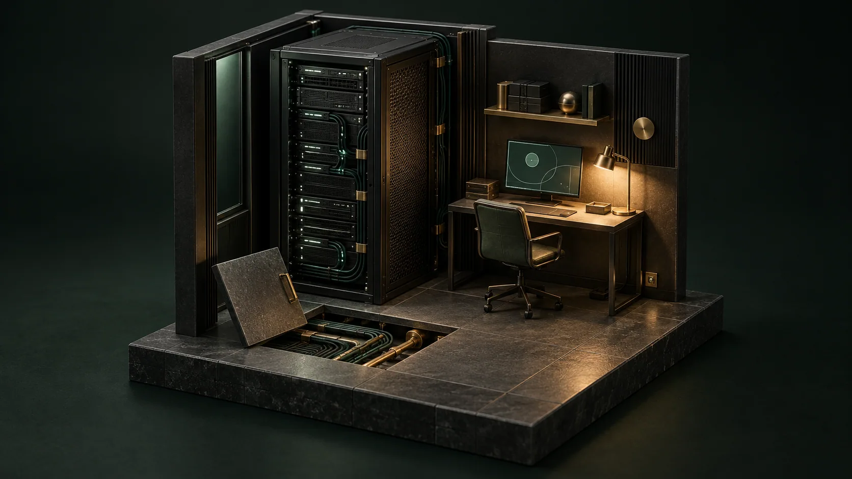 O cameră de servere în miniatură, noaptea: un rack cu cabluri așezate ordonat și mici lumini de stare, lângă un birou cu un terminal aprins.