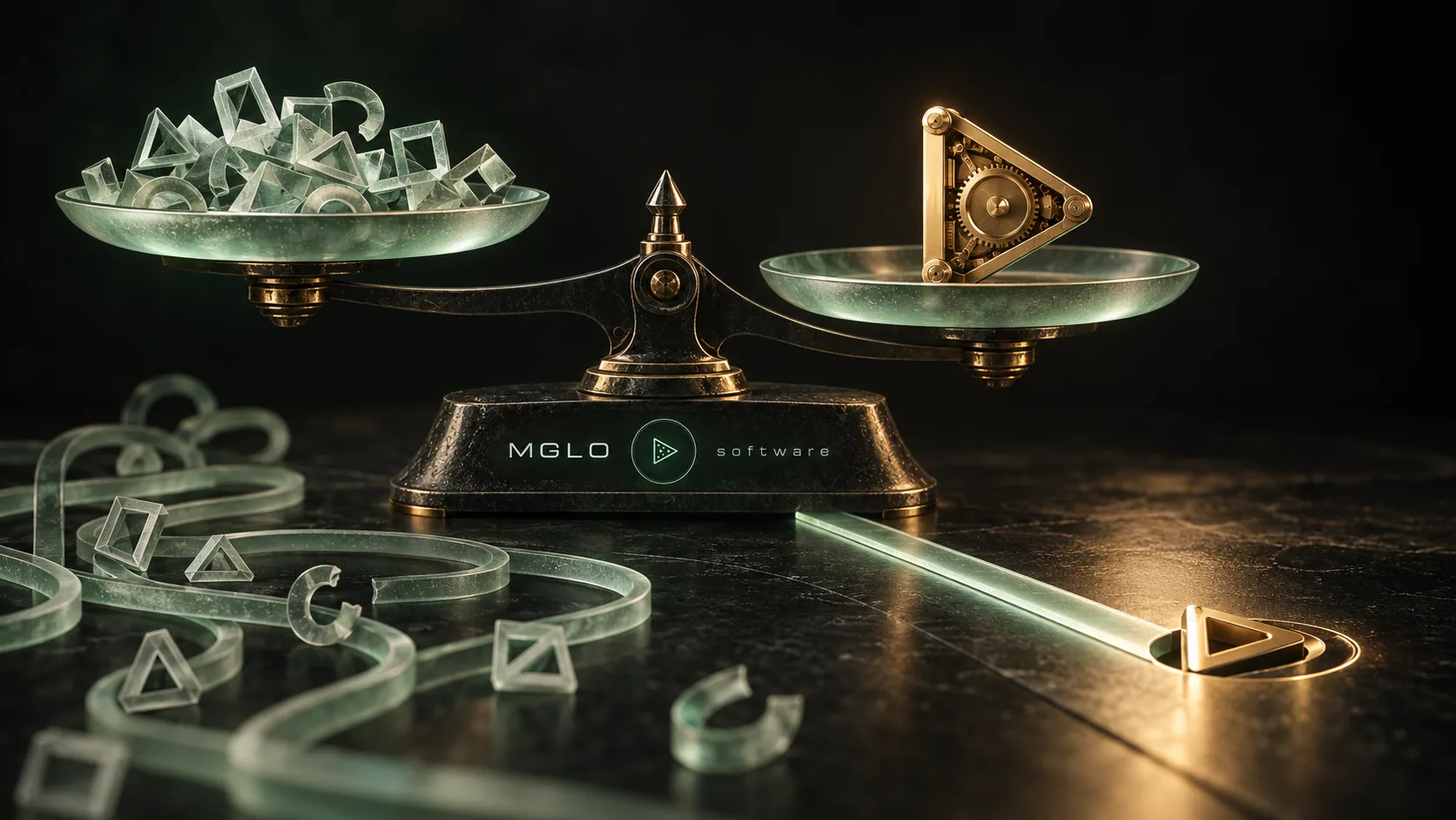 A precision balance comparing a small component with a complete mechanism, branded MGLO.