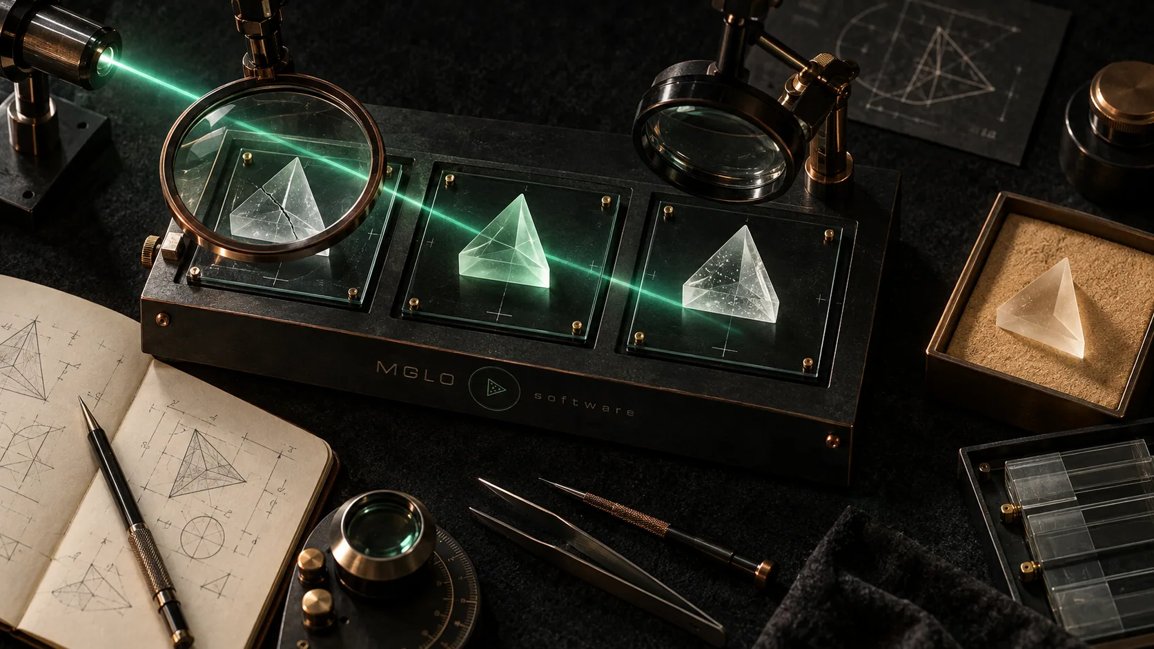 An optical comparison bench with two paths, review cards and an MGLO maker’s plate.