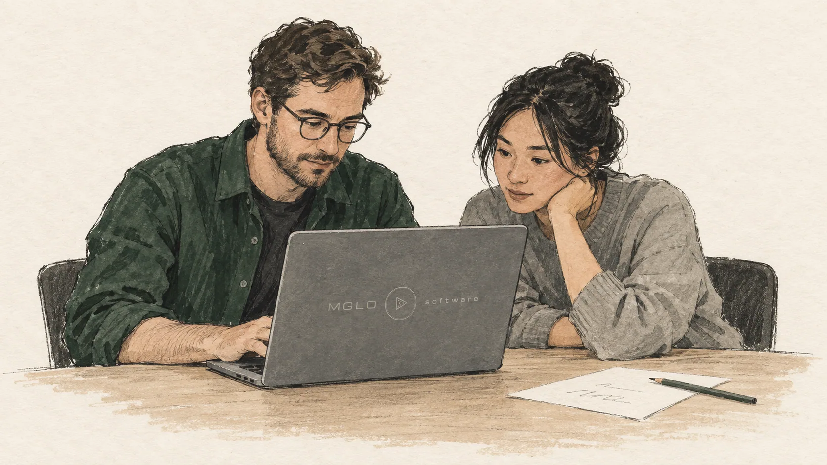 Ink-and-gouache illustration of two colleagues seated side by side, both studying the same laptop, with a small MGLO mark on its lid.