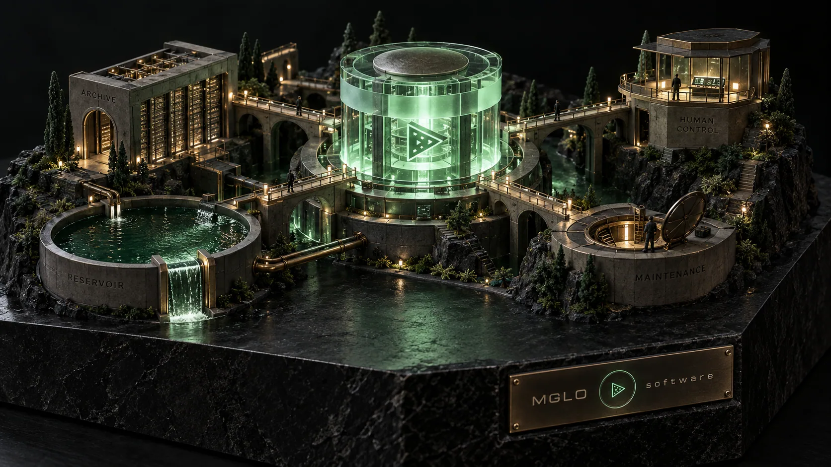 A miniature infrastructure city built from glass, metal and light, with an MGLO plaque.