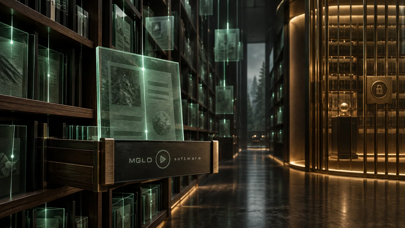 An ordered glass archive with illuminated records and an MGLO plate.