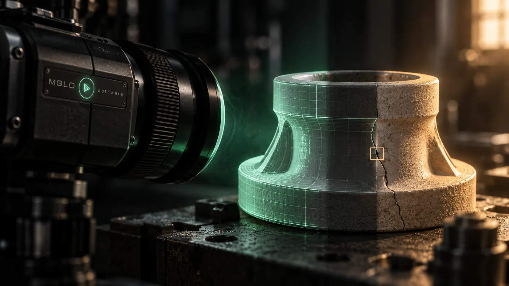 A camera inspecting a fine crack in a ceramic object, with an MGLO maker’s mark.